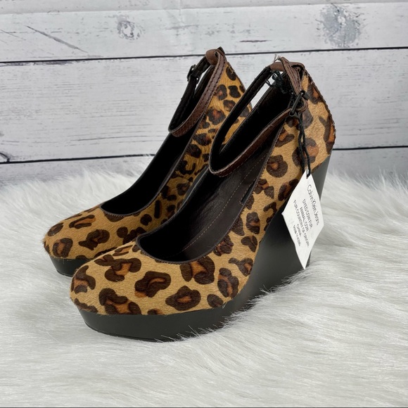 CALVIN KLEIN Leopard Print Wedges, made with Cow fur, NEW - Picture 3 of 13